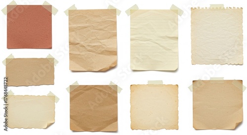 Selection of aged paper notes isolated on white background, affixed with tape pieces