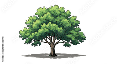 A detailed illustration of a mature deciduous tree with a full, green canopy and a visible shadow on a white background.