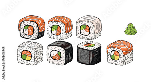 Collection of colorful and diverse sushi rolls arranged with a dollop of wasabi and pickled ginger.