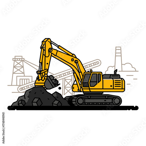 Yellow excavator digging coal at an industrial mining site with factory background.
