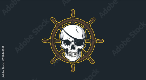 Pirate skull with an eyepatch and crossbones in front of a ship's wheel.