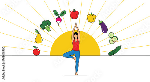 Woman doing yoga tree pose with healthy fruits and vegetables surrounding her as part of a wellness routine.
