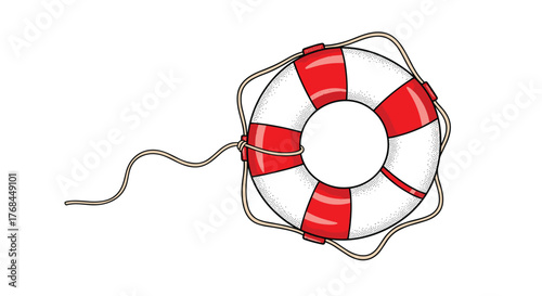 A colorful, cartoon-style illustration of a red and white life preserver ring with a rope attached.