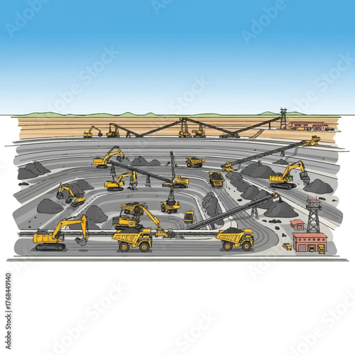 Illustration depicting an open-pit mine with various machinery and infrastructure for resource extraction.