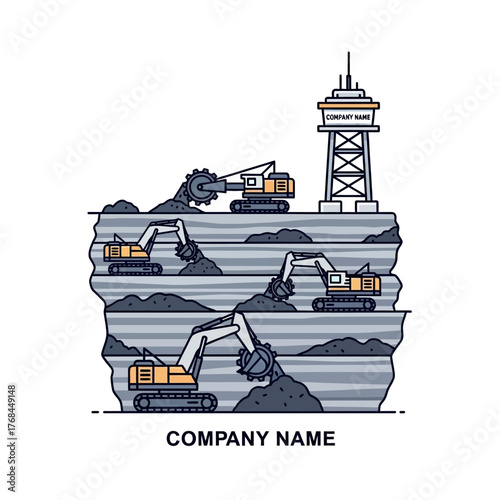 Illustration of open-pit mining with excavators and a tower.