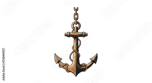 Illustration of a traditional bronze ship anchor hanging from a chain with rope coiled around it.
