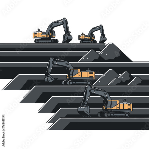 Vector illustration of four heavy-duty excavators working on tiered levels in a coal mine or quarry.