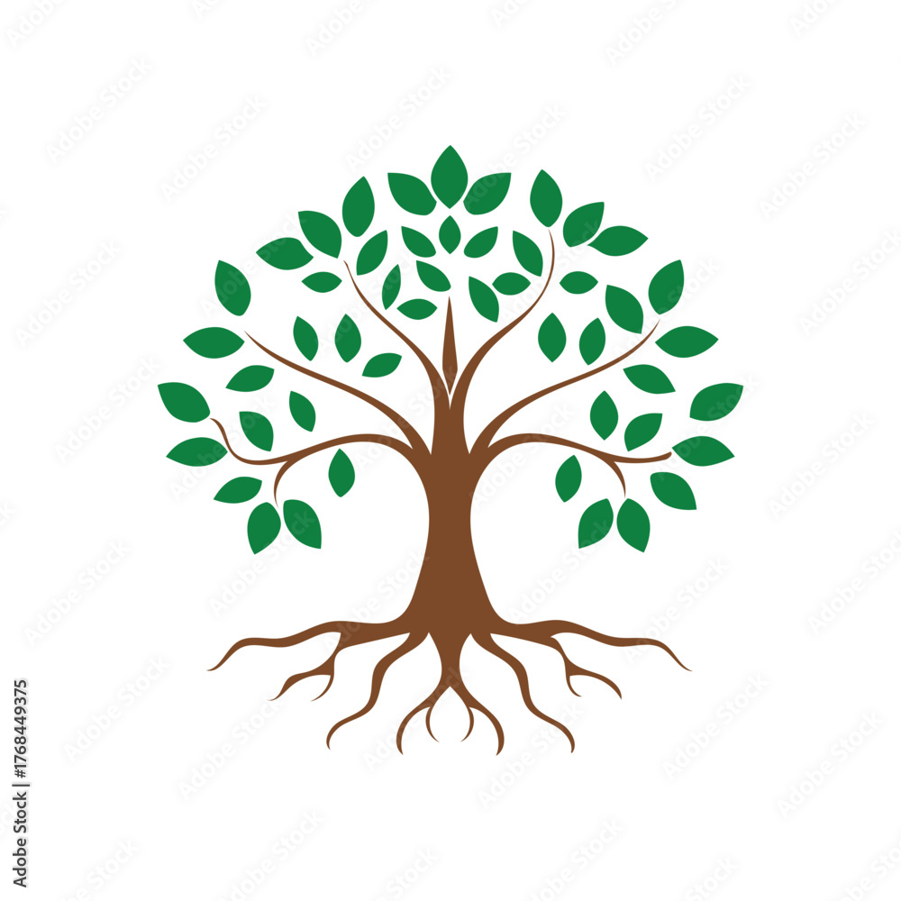 Fototapeta premium Green Life Tree Logo with Roots and Leaves on White