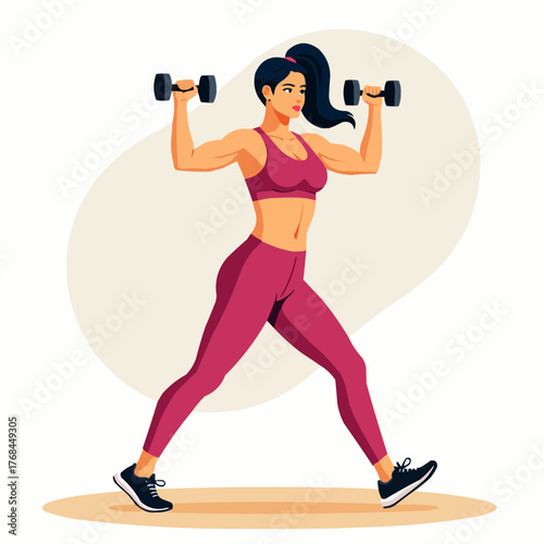 Young woman exercising fitness classes with dumbbells in athletic wear at home  