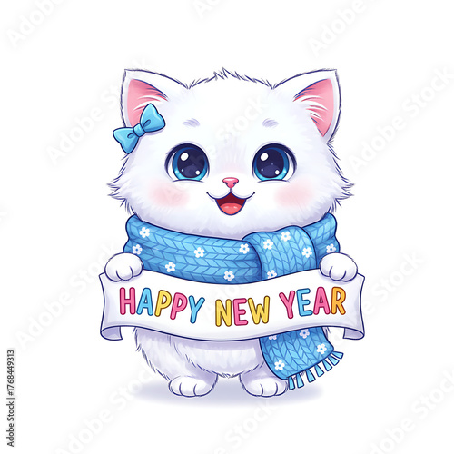 Cute Fluffy White Cartoon Kitten Holding Happy New Year Banner – Adorable Festive Illustration