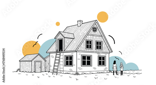 Illustration of a quaint house with a detached shed and two figures standing in a grassy field.