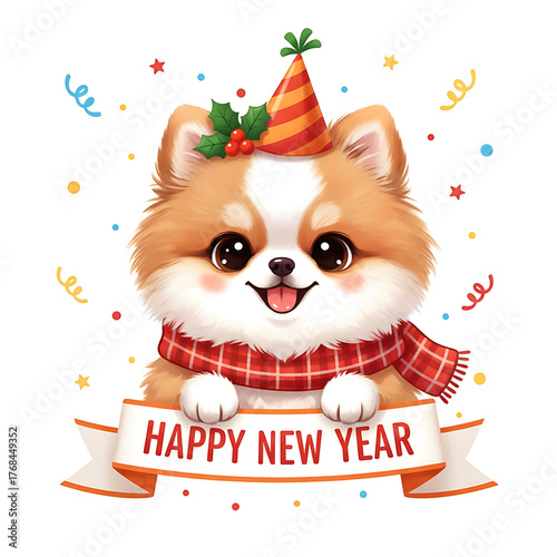 Cute Fluffy Pomeranian Dog with Party Hat and Scarf Holding Happy New Year Banner – Adorable Cartoon Holiday Illustration