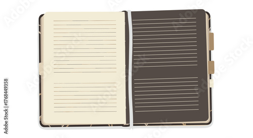 An open notebook with lined pages, one side light cream and the other dark brown, featuring tabs on the right edge.