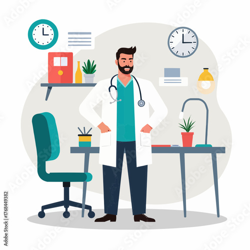 Overworked doctor in hospital standing with hands on hips in office  