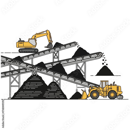 Illustration depicting an excavator loading material onto conveyor belts, with a loader collecting the output.