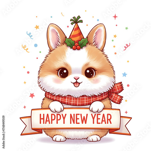 Adorable Fluffy Pomeranian Dog with Holding Happy New Year Banner – Cute Cartoon Holiday Illustration