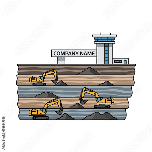Vector illustration of an open-pit mining operation with excavators digging in a layered quarry.