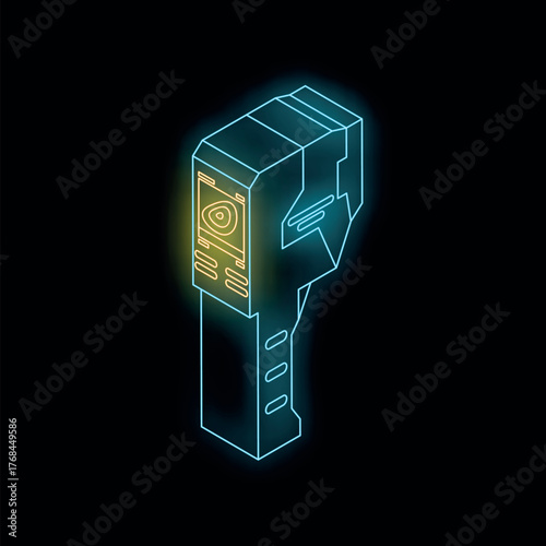 Futuristic non contact infrared thermometer showing body temperature on screen displaying scanning reading of human body heat in isometric view