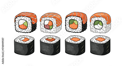 A selection of eight delicious sushi rolls, some with salmon and avocado, and some as simple rolls.