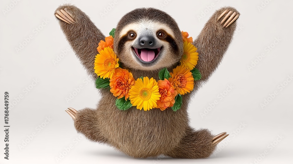 Obraz premium Cheerful sloth character wearing a vibrant floral necklace, joyfully posing with arms raised, showcasing a playful and friendly demeanor, perfect for children's illustrations and joyful designs