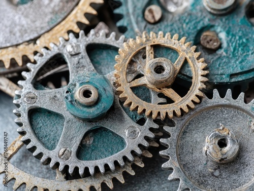 Close-up of interlocking metal gears displaying intricate mechanical details and textures.