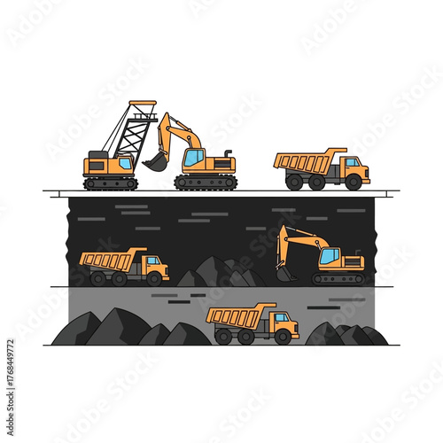 Illustration of an open pit mine with heavy machinery.