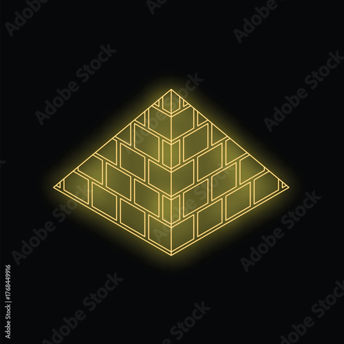 Neon yellow pyramid shining on a dark background, symbolizing ancient history, mystery, and powerful symbolism