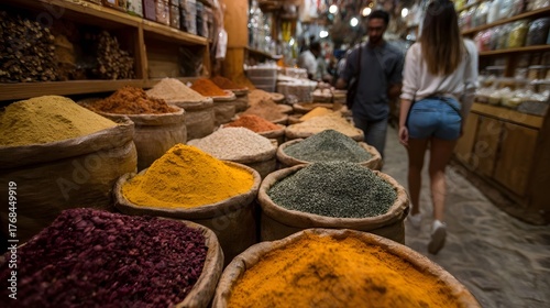 Fototapeta Naklejka Na Ścianę i Meble -  A vibrant spice market displays colorful mounds of ground spices in burlap sacks with shoppers browsing in the background