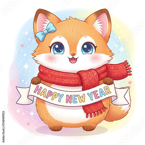 Cute Cartoon Fox Holding Happy New Year Banner – Adorable Festive Animal Illustration for Greeting Cards