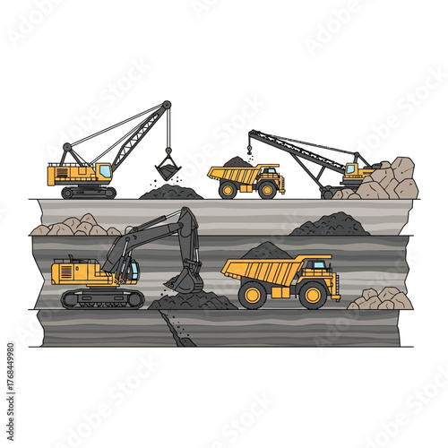 Vector illustration of coal mining process with heavy machinery in an open-pit and underground mine.