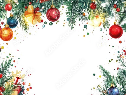 Christmas background in watercolor style for graphic design or wallpaper. Pine leaf template with Christmas decorations on a white background for text.
