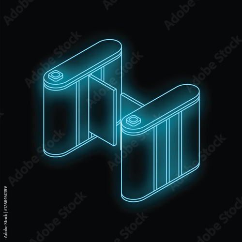 Futuristic neon glowing turnstile gate access control system on black background