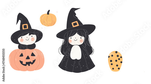 Halloween Celebration, Children in Costumes, Festive Decor, Illustration, Whimsical Scene, Playful Mood, Creative Design