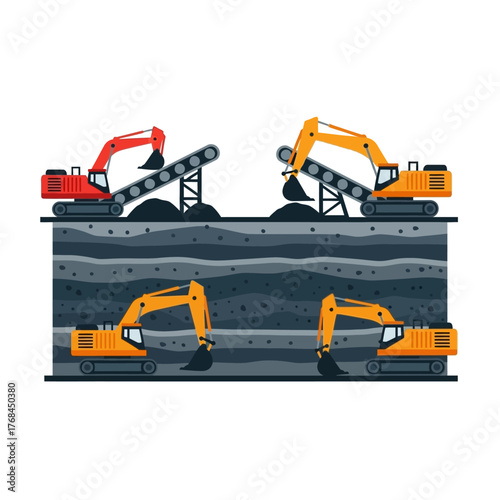 Detailed illustration of a mining operation showing excavators and conveyor belts working both above and below ground, revealing geological layers.