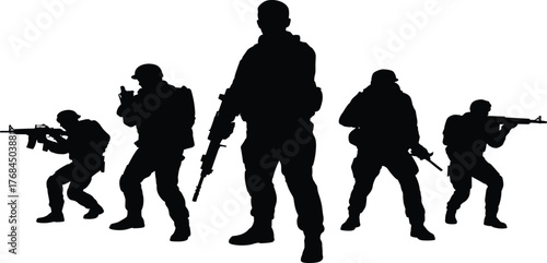 Soldier silhouette, tactical pose, military team, armed forces, combat stance, rifle ready, vector illustration, black graphic, defense concept, battlefield formationSoldier silhouette,