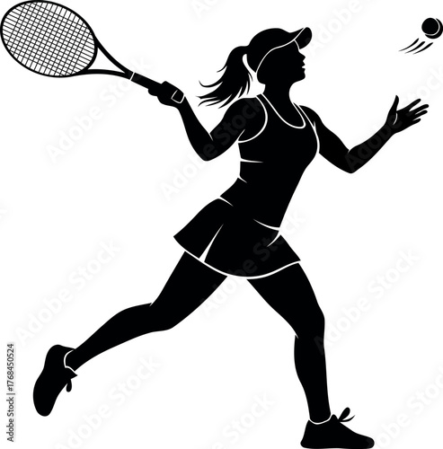 Dynamic silhouette of a woman tennis player serving the ball in action vector