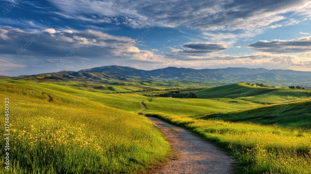 Obraz premium Scenic dirt path winding through rolling green hills under a dramatic cloudy sky