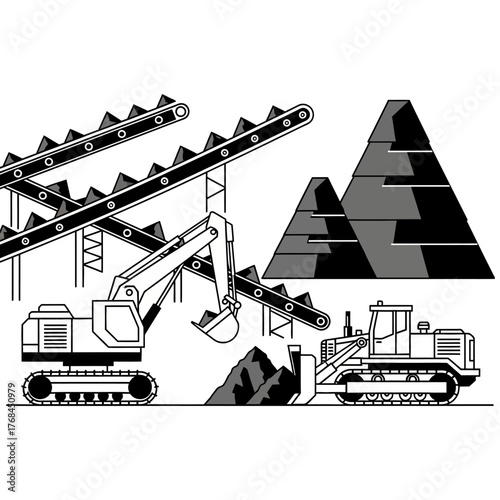 Illustration of mining equipment, including conveyors, excavator, and bulldozer.