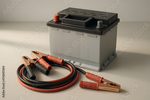 Car battery with jumper cables for automotive repair and energy supply concept