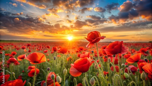 Vibrant red poppies bloom in a vast field under a dramatic and colorful sunset sky with golden light
