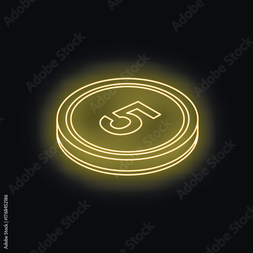 Bright neon yellow five cent coin glowing on a dark background, representing finance, currency, and economic concepts