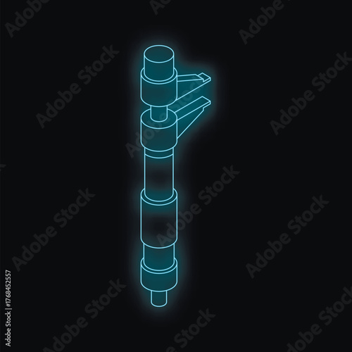 Futuristic glowing neon fuel injector injecting fuel into an engine, on a black background