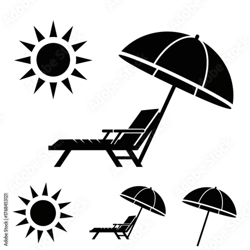 Vector illustration of beach chairs and sun umbrellas for summer vacation and relaxation silhouette vector illustration white background