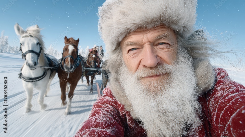 Obraz premium Elderly man with long white beard wearing a red coat, smiling joyfully while riding in a horse-drawn sleigh through a snowy landscape, capturing the essence of winter festivities and holiday spirit