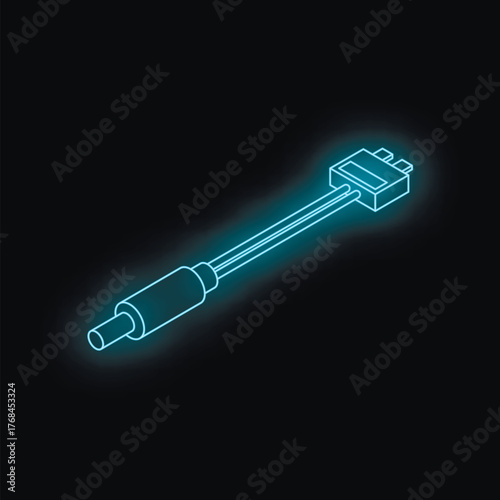 Neon blue glowing audio jack cable connector illuminating the dark