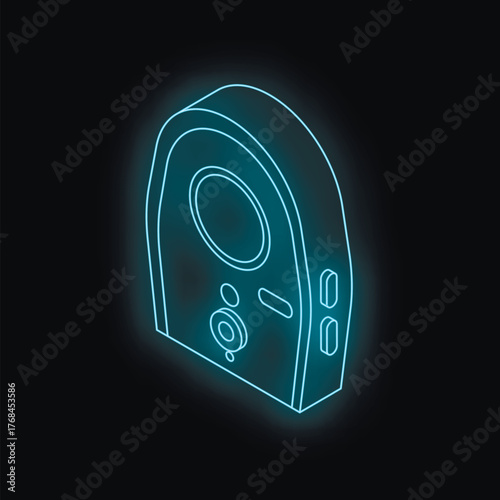 Glowing blue neon smart doorbell with camera and buttons on a dark background, providing security and convenience
