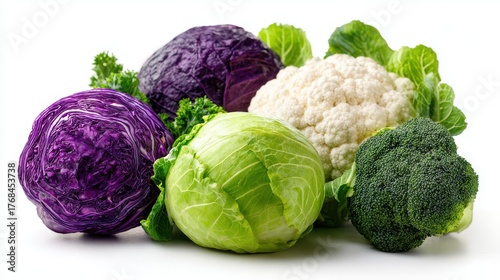 A vibrant assortment of fresh healthy vegetables including red cabbage green cabbage cauliflower and broccoli