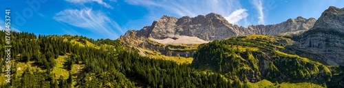 panorama of the Karwendel Mountains in the Rißtal in summer