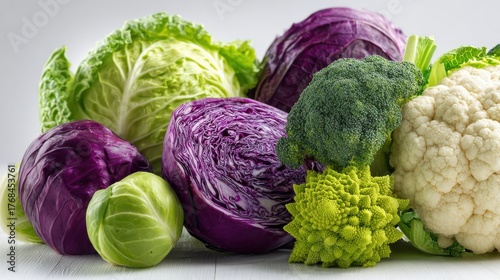 Assortment of fresh cruciferous vegetables including cabbage broccoli cauliflower and romanesco