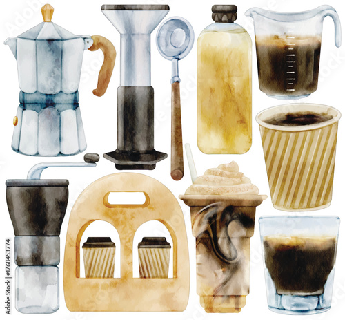 Watercolor Coffee Drink Clip Art Set Moka Pot French Press Cold Brew Iced Coffee Espresso Frappe Takeaway Carrier Cup Beverage Illustration Cafe Barista Menu